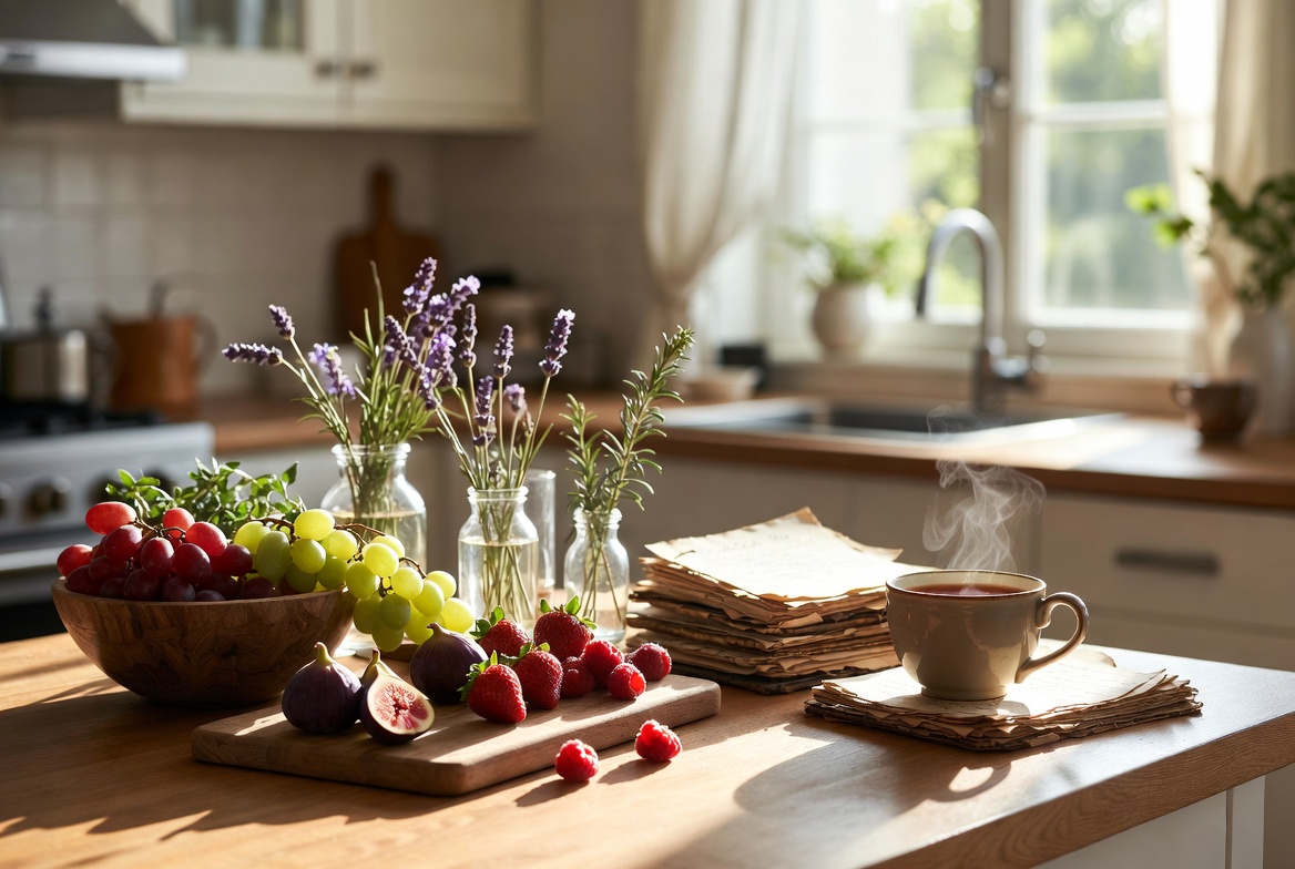 Encimera de cocina acogedora con frutas frescas, hierbas aromáticas y cuadernos de recetas bajo luz natural suave