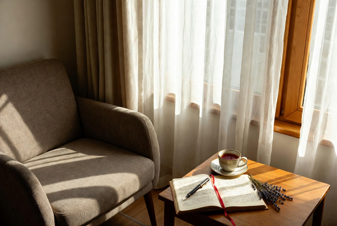 Rincón sereno con sillón, diario abierto, taza de té y luz suave entrando por la ventana